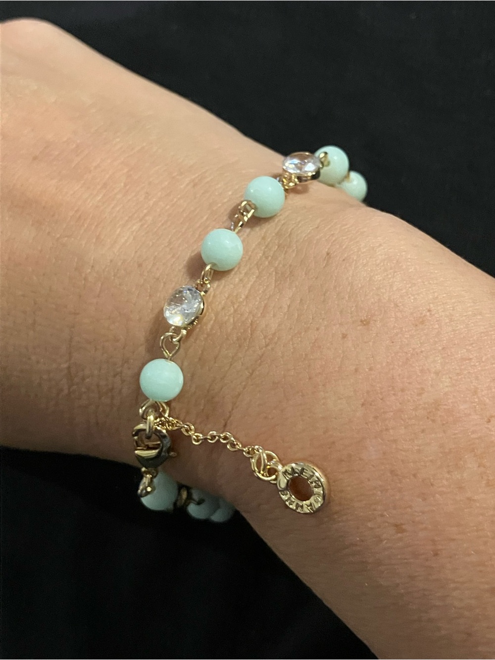 Anne Klein Gold-Tone Bracelet with Pale Blue-green Beads and Clear Crystals